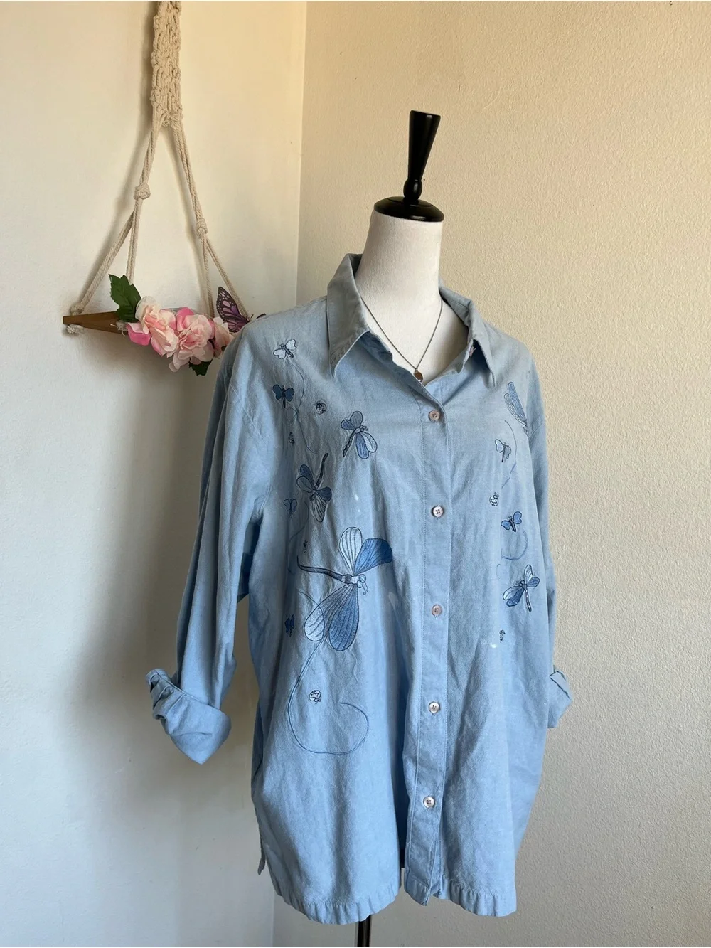 Vintage Cottagecore Dragonfly Embroidered Button-Down Shirt size